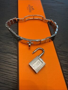 Hermes Silver Padlock Watch Bracelet with Orange Box Accent
